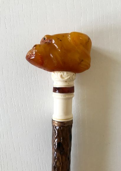 Canne à pommeau figurant une grenouille sculptée...