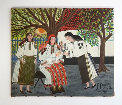 F. PUIA - 3 femmes, Ecole naïve, huile sur...