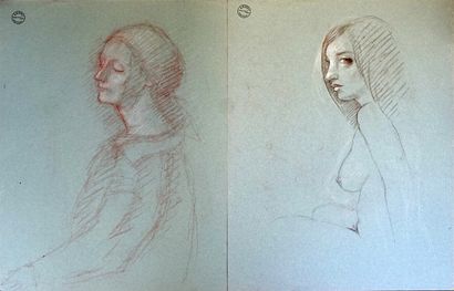 Ensemble de 6 dessins sanguine, craie, mine...