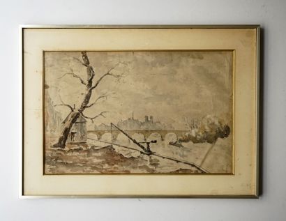 C L LEBOURG - Pont de Paris, aquarelle et...