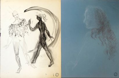 Ensemble de 6 dessins sanguine, craie, mine...