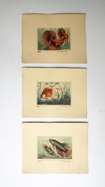 PAUL GAUGUET (1872-1943). 3 gravures en couleurs...