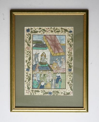 Miniature sur papier: sultan et sa cour survolés...