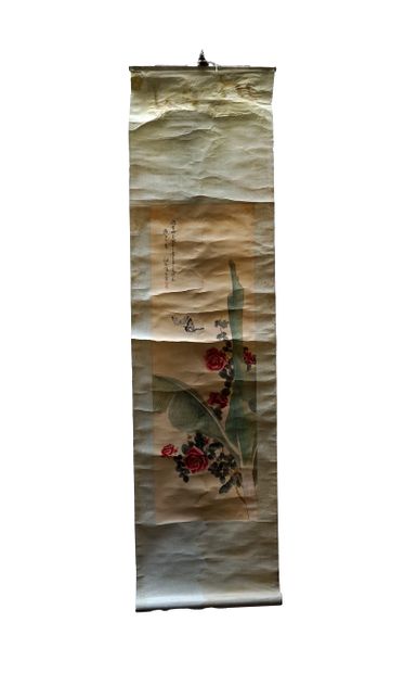 Peinture sur papier: papillons en vol, bananier...