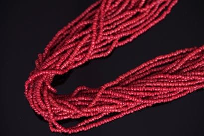 Multi-row necklace of small irregular red...