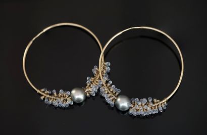 Pair of gold-plated CREOLES set with a light-gray...