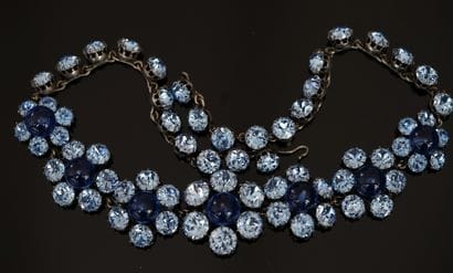 Silver-plated choker necklace, sky-blue rhinestone...