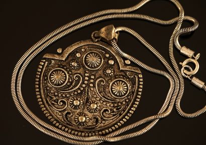 SILVER-METAL NECKLACE, snake chain with semicircular...