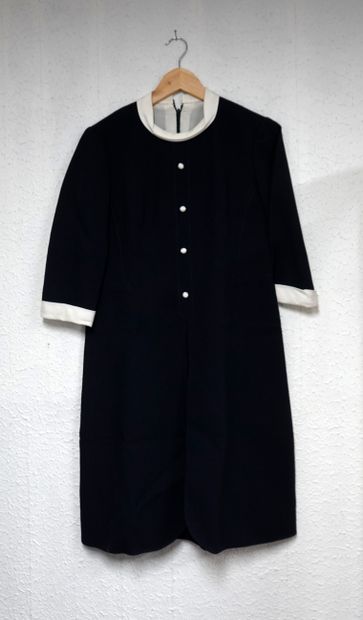 VINTAGE - Mid-length navy blue crepe dress,...