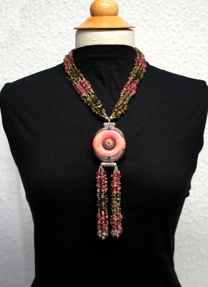 Multi-strand NECKLACE of pink and green tourmaline...