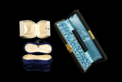 brown leather and gilding set, silk and blue...