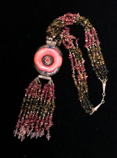 Multi-strand NECKLACE of pink and green tourmaline...