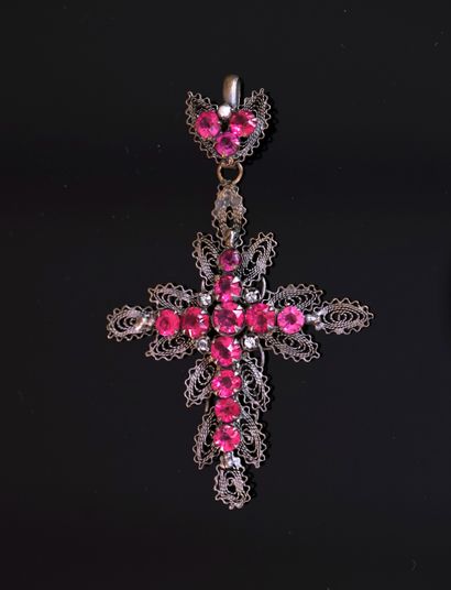 IMPORTANT CROSS PENDANT in gilded metal filigree...