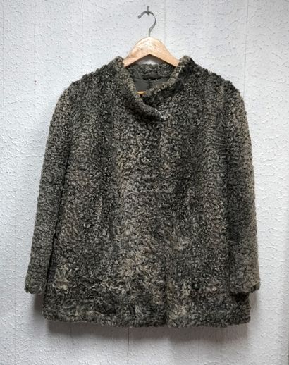 Grey astrakhan straight jacket, 3-hook closure,...