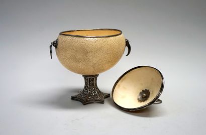 Ostrich egg pedestal box, silver mount, swan...