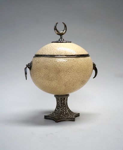 Ostrich egg pedestal box, silver mount, swan...