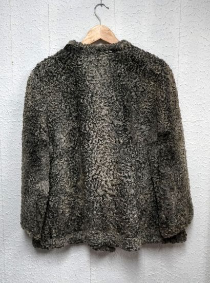 Grey astrakhan straight jacket, 3-hook closure,...