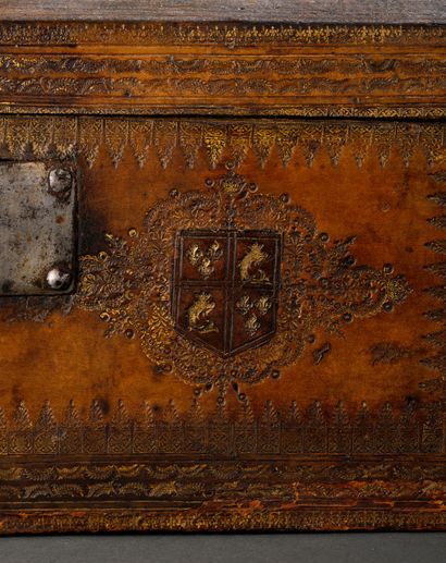 Louis XIV period gilded leather case, late...