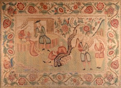 * Rare painted canvas, court scene, 
workshop...