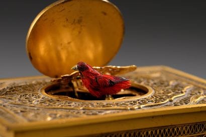 Bronze songbird box, late 19th century
Decorated...