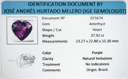AMETHYSTE coeur sur papier 37.9ct avec c...