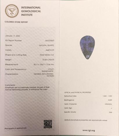 AMETHYSTE poire sur papier 37ct avec certificat...