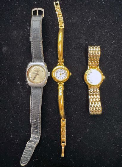 LOT en métal doré et acier de 3 montres bracelets,...