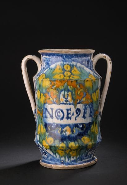 Pesaro ?
Two-handled majolica albarello with...