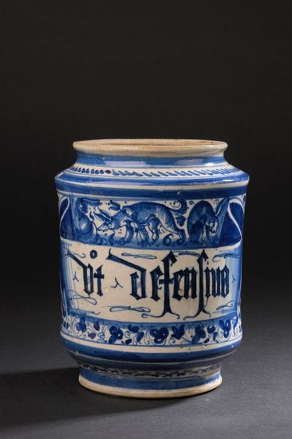 Faenza or Pesaro
Cylindrical majolica albarello...