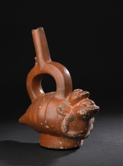 Vase with stirrup handle, representing two...