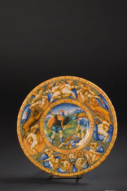 Italy
Majolica dish decorated with warriors...