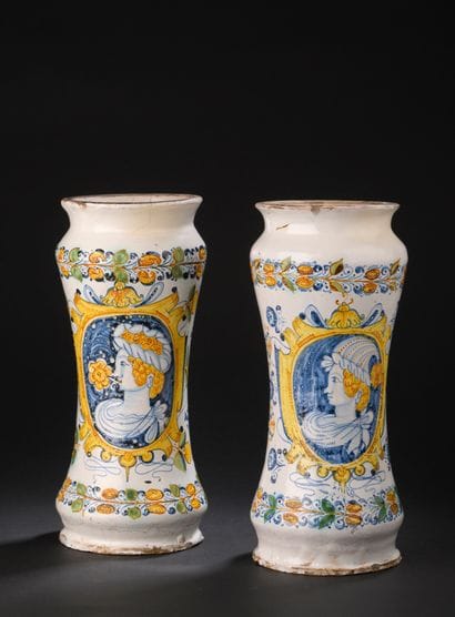 Castelli
Two earthenware albarelli with polychrome...