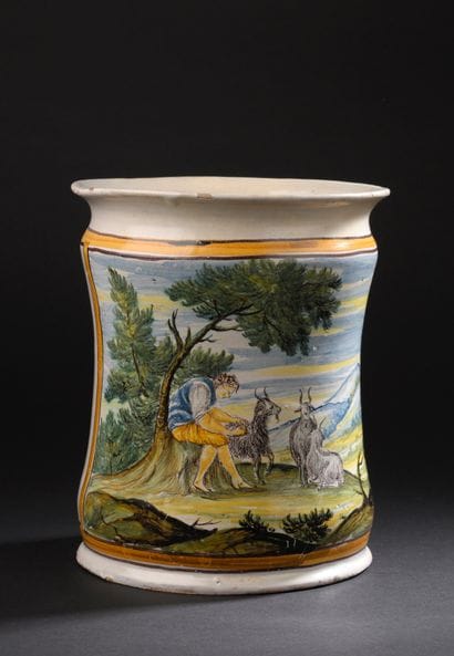 Naples
Cylindrical majolica albarello with...