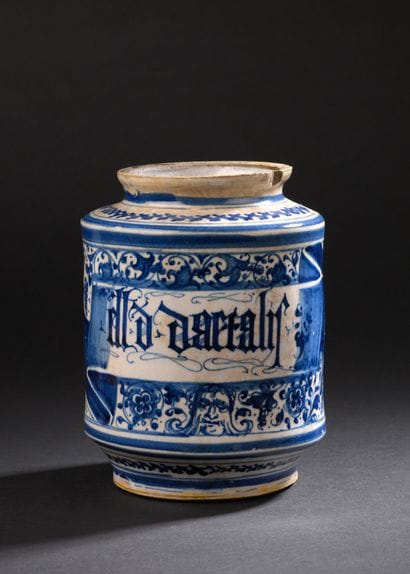 Faenza or Pesaro
Cylindrical majolica albarello...
