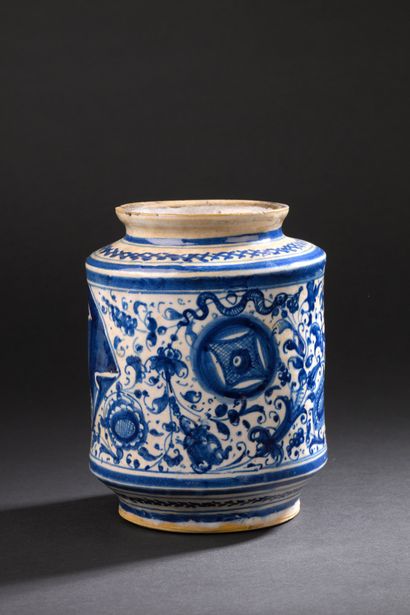 Faenza or Pesaro
Cylindrical majolica albarello...