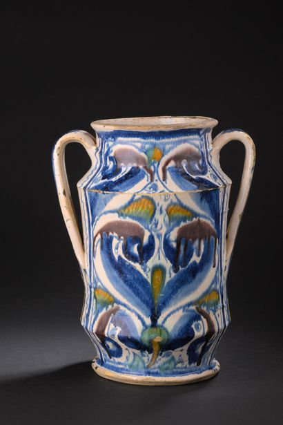 Pesaro ?
Two-handled majolica albarello with...