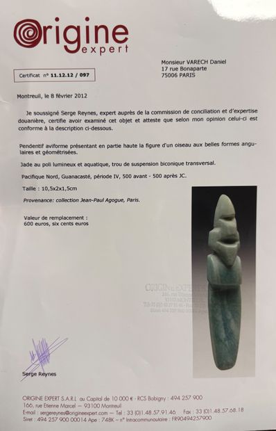 Aviforme pendant with a stylized bird's head
whose...