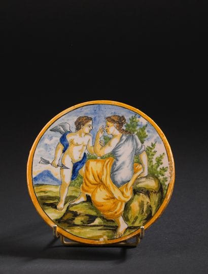 Castelli
Small majolica medallion with polychrome...