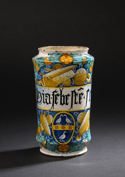 Castel Durante
Cylindrical majolica albarello...