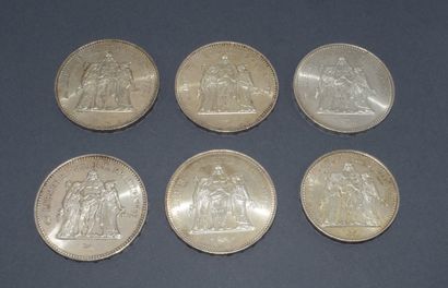 CINQ PIECES de 50 francs en argent (poids...