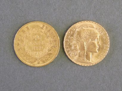 TWO 20-franc gold coins:
- Napoleon III,...