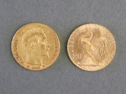 TWO 20-franc gold coins:
- Napoleon III,...