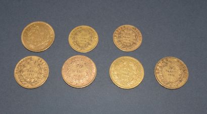 FIVE 20-franc gold coins and two 10-franc...