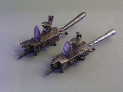 Set of two iron flint table lighters. Flat...