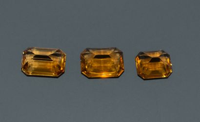 Set of 3 rectangular, faceted Cognac citrines....