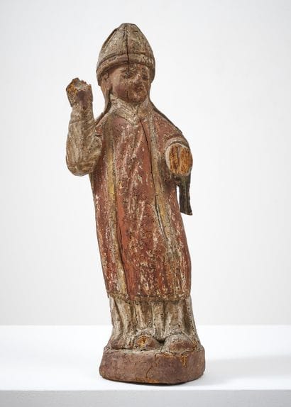 Saint Évêque bénissant en bois sculpté en...