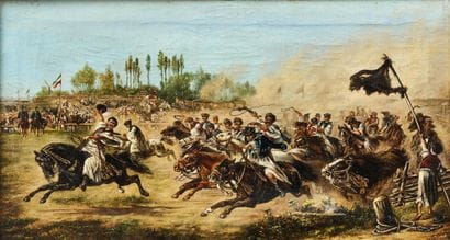 ECOLE HONGROISE, 1881
Course de chevaux 
Huile...