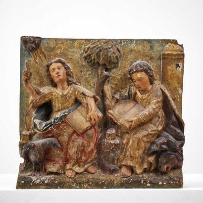 PANNEAU EN NOYER SCULPTÉ, POLYCHROMÉ ET DORÉ...