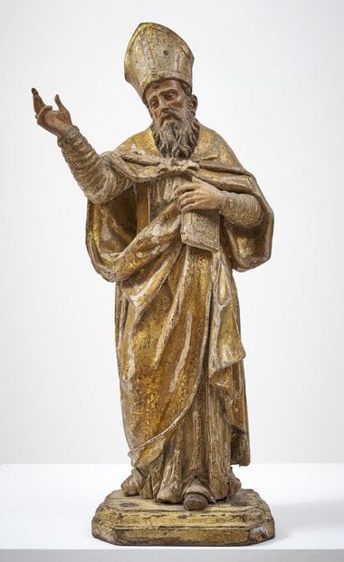 SAINT ÉVÊQUE EN BOIS SCULPTÉ EN RONDE-BOSSE,...