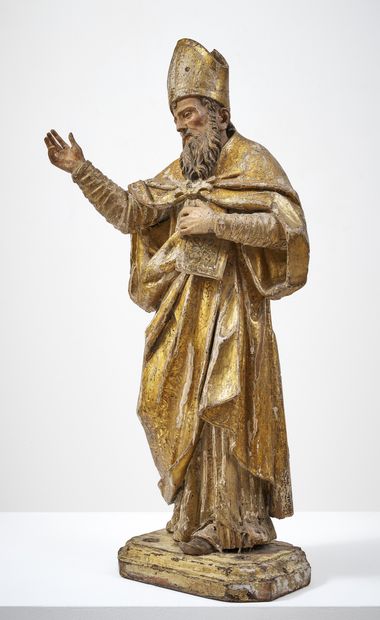 SAINT ÉVÊQUE EN BOIS SCULPTÉ EN RONDE-BOSSE,...